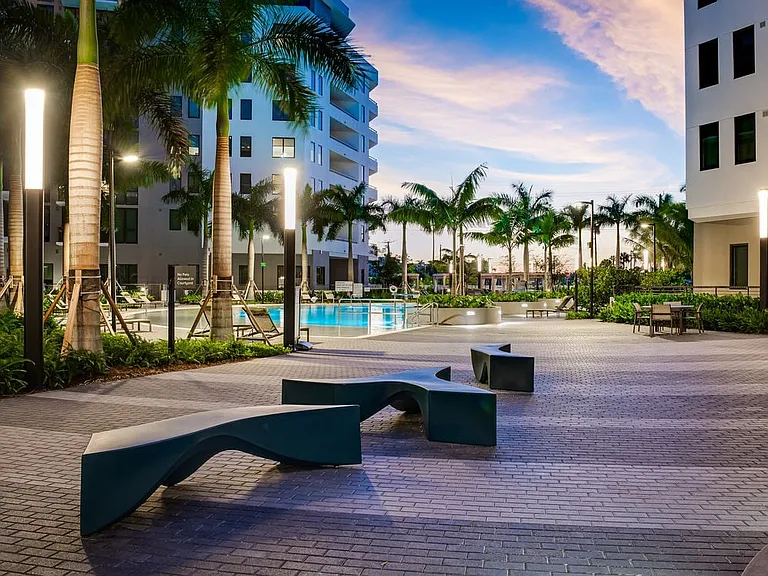 Pool Courtyard and Walkway at Dusk