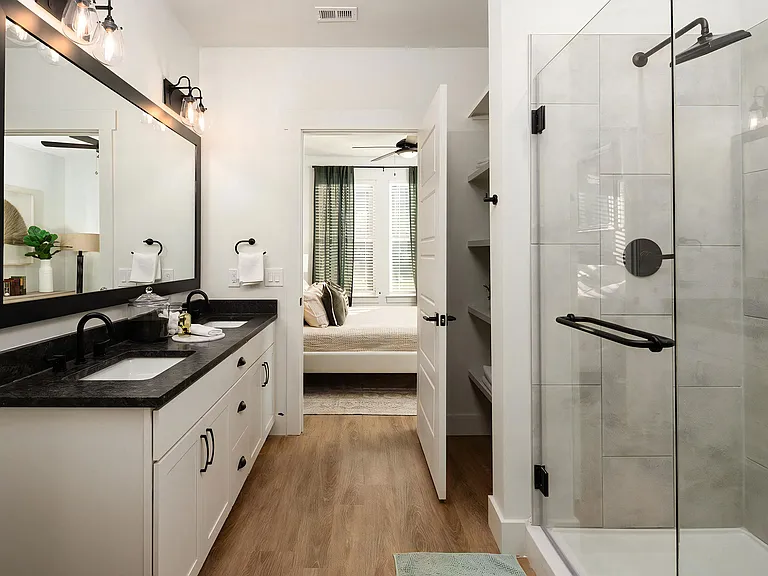 Modern Bathroom with Frameless Glass Shower and Double Sink Vanity