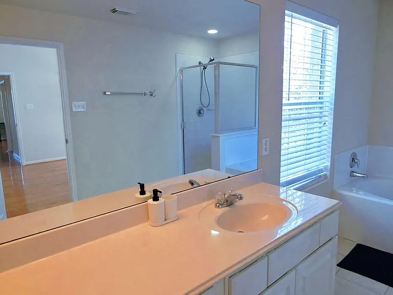 Spacious bathroom with long vanity and large mirror, plus a separate soaking tub and glass-enclosed shower.