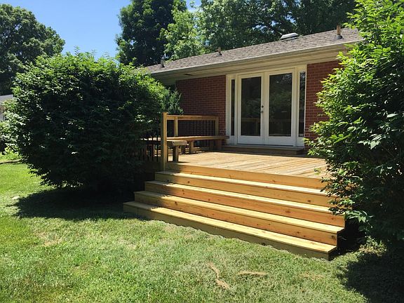 Reck deck showing bench seat and railing