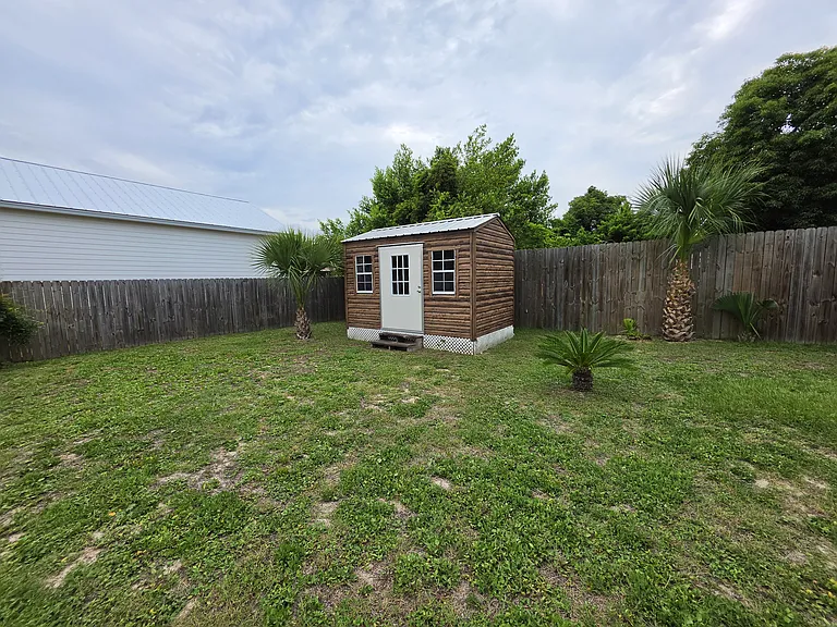 Backyard with small storage shed