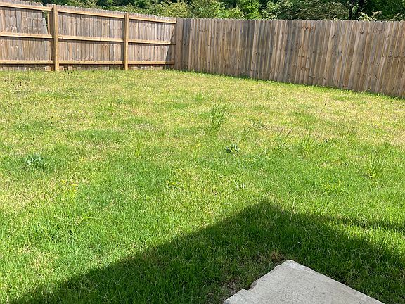 Patio and backyard with woods behind.