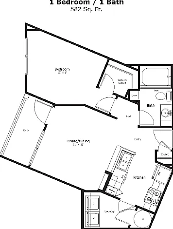The Anita: 582 sq. ft. featuring an angled bedroom with a walk-in closet, private balcony, and a smart, stylish layout. The Anita: 582 sq. ft. featuring an angled bedroom with a walk-in closet, private balcony, and a smart, stylish layout.