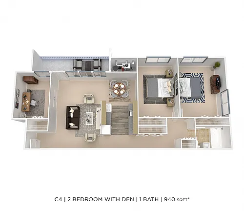 Floor plan Two Bedroom w/ Den - 940 sqft