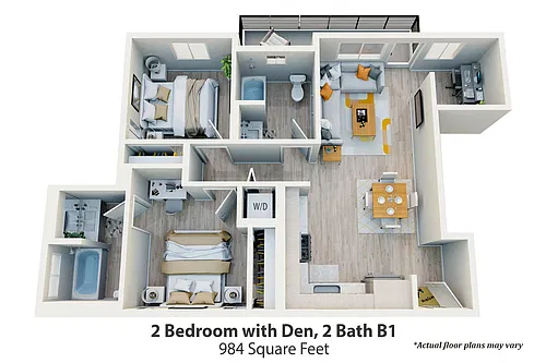 Floor plan 2 Bed + Micro Office, 2 Bath B1