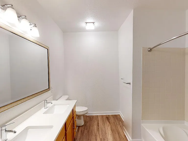 Apartment bathroom with wood-style flooring.