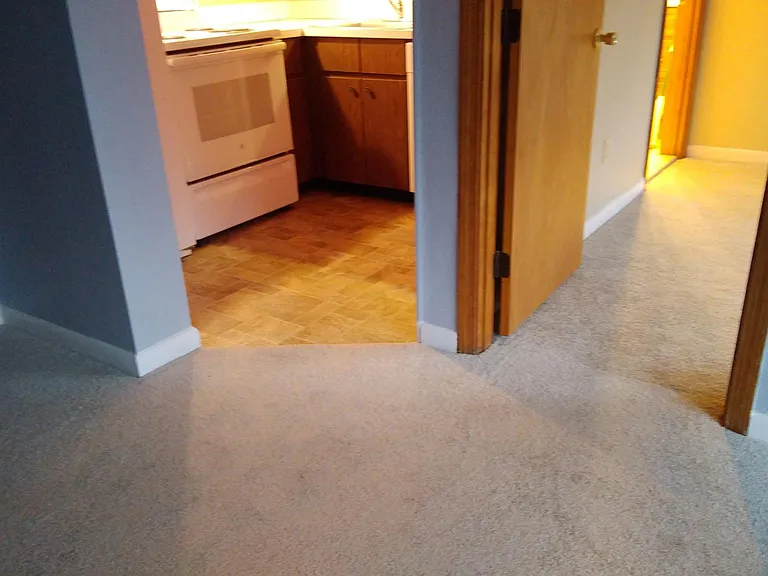 New gray carpet and new vinyl flooring in the kitchen.