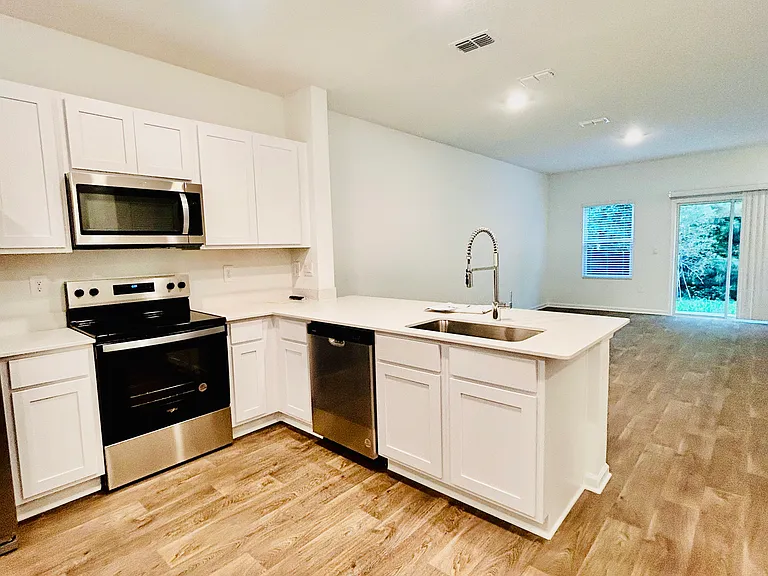 Enitire kitchen and living room view