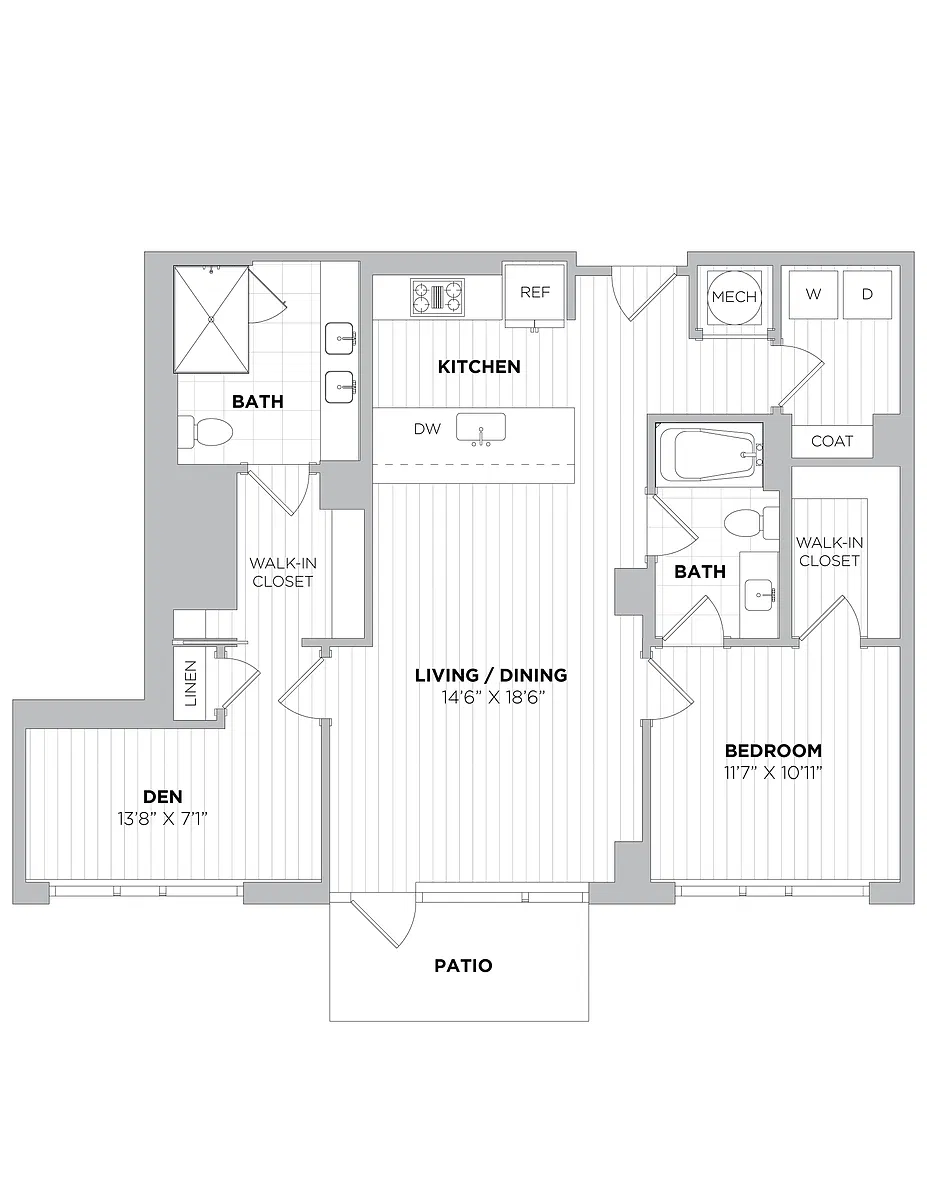 Floor plan 1 Bed/2 Bath Den-1F