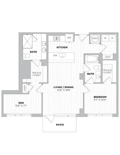 Floor plan 1 Bed/2 Bath Den-1F