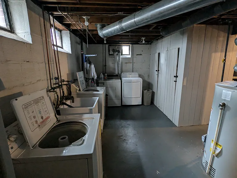 Each apartment has it's own washer and dryer. Downstairs apartment has brand new gas dryer just replaced in September.