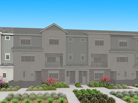 The image depicts a multi-story residential building with a gray exterior, surrounded by landscaped