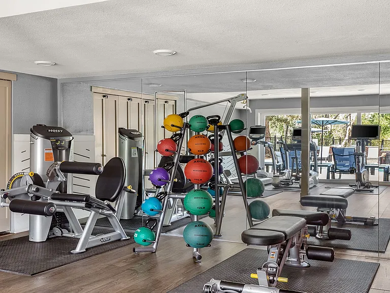 Stay active with a fully equipped fitness center right at home.