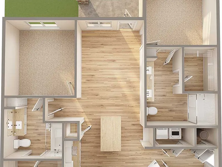 Experience modern living with this chic two-bedroom apartment layout, featuring a spacious open kitchen and living area. Experience modern living with this chic two-bedroom apartment layout, featuring a spacious open kitchen and living area.