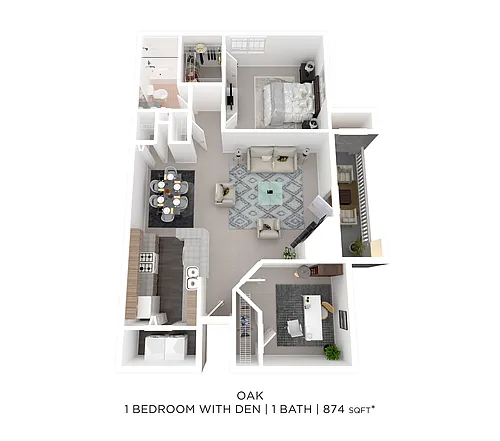 Floor plan 1 Bed 1 Bath w/Den - 874 sqft