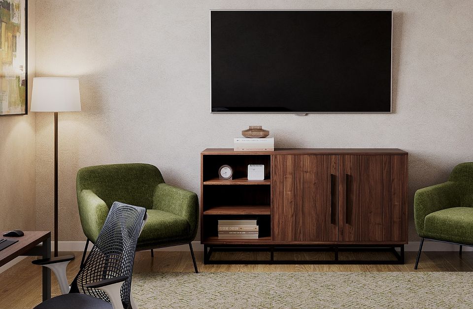 This is an example of the living room furniture with wall-mounted TV. All furnishings are contemporary/modern.