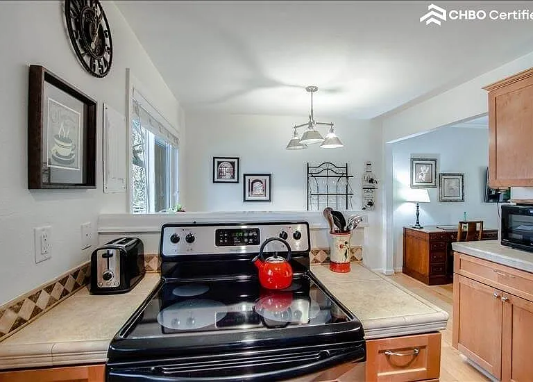 Open-plan kitchen into dining area