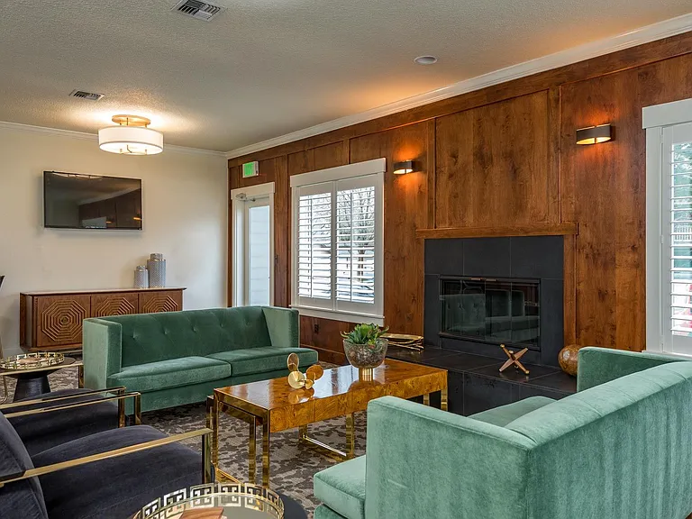 Riverwood | Lounge Area Velvet Couches with Fireplace
