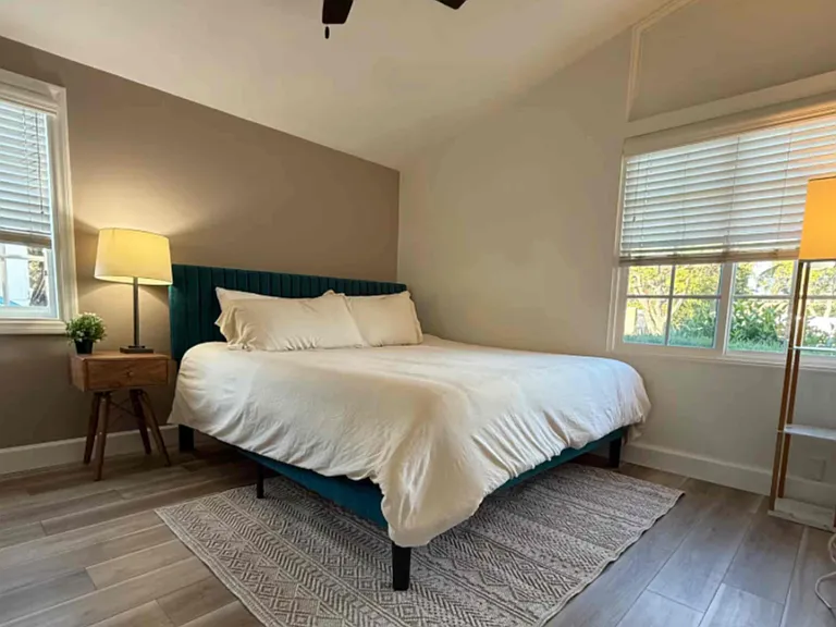 Master bedroom new fan & ac/heater unit use with a remote control from bedside, new bedside table wooden, carefully crafted, attached shower/toilet bathroom tiled (not shown: new wooden dresser, new closet doors, new standup desk, new right side table)