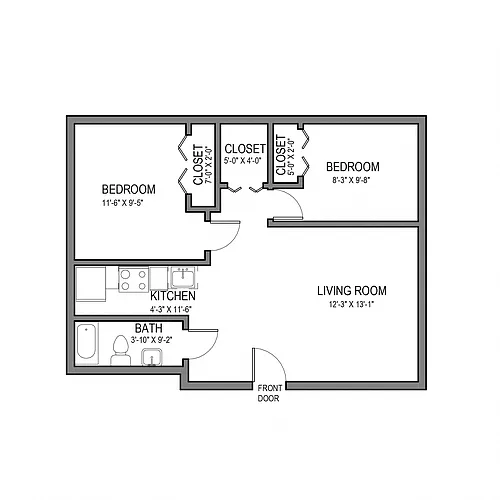Floor plan Dimling Way- 2 Bedroom | University Commons at Daw