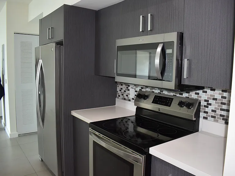 Kitchen with Stainless Steel Appliances and Designer Glass Backsplash Tile