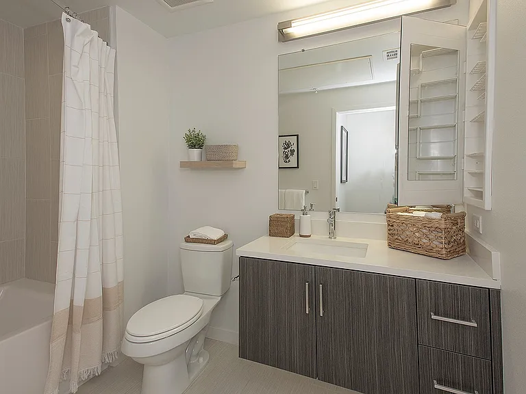 Modern bathroom with designer finishes, walk-in shower, and sleek vanity.