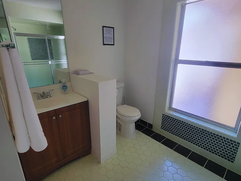 Pristine bathroom with shower, sink, toilet, and essential amenities.