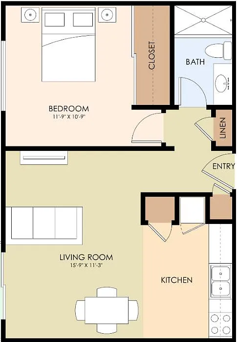Floor plan 1x1 Units with washer and dryer