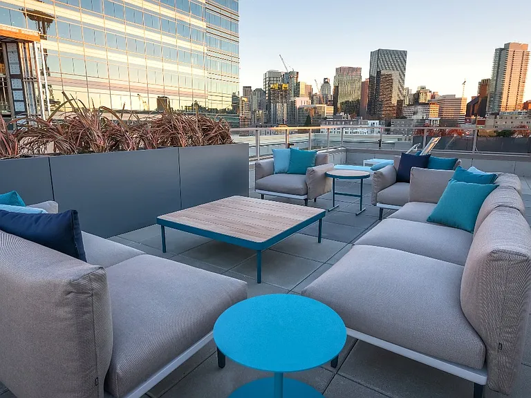 Ample social seating with views of Seattle