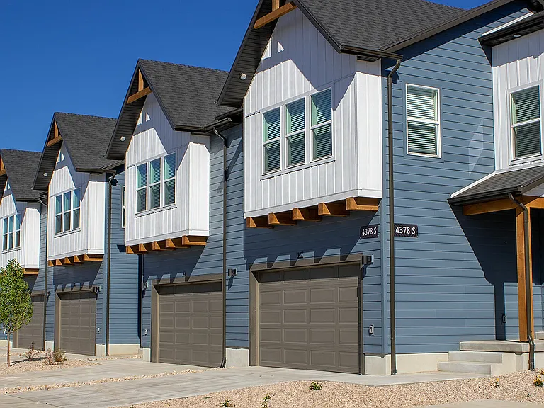 A row of thoughtfully designed RailRunner townhomes.