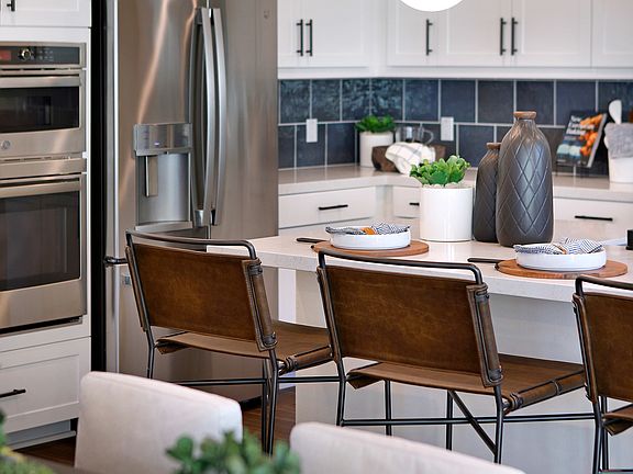 A modern and well-equipped kitchen with stainless steel appliances, wooden chairs, and potted plants