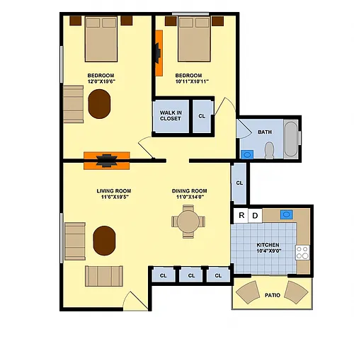 Floor plan Two Bedroom (Downstairs End Unit)