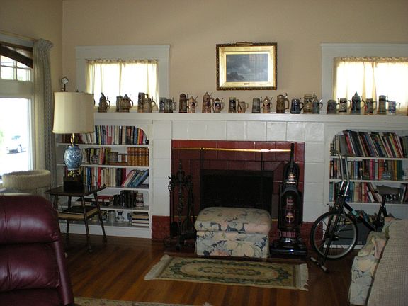Brick Fireplace with bookcases