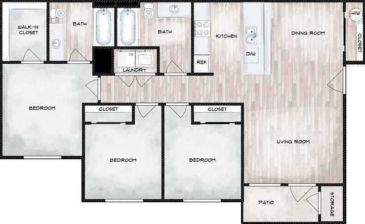 3 Bed 2 Bath Floorplan Diagram