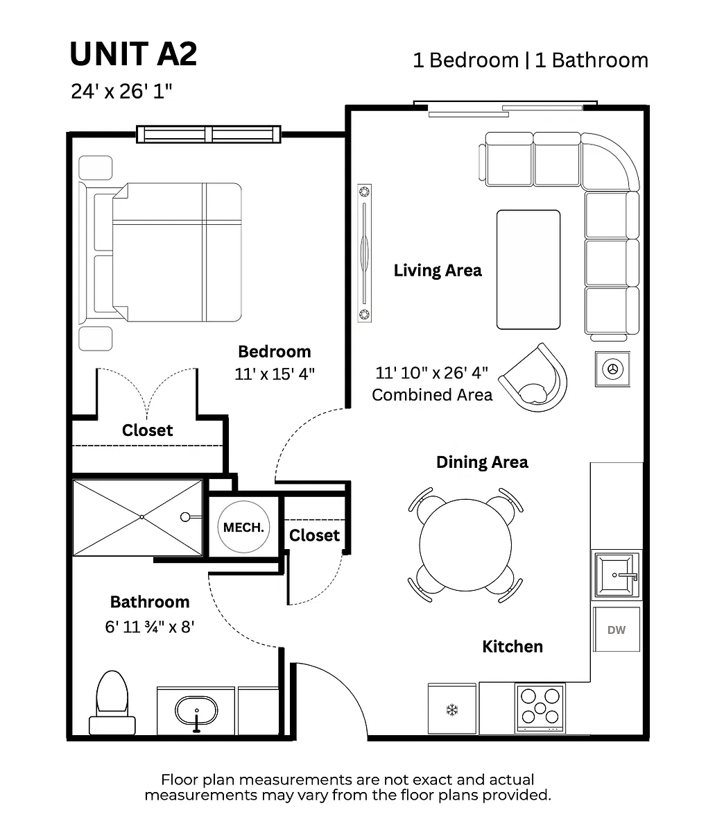 Floor plan A2 1 Bed 1 Bath Backside No Balcony