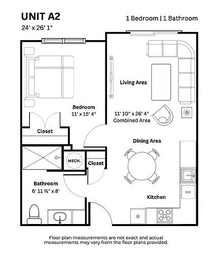 Floor plan A2 1 Bed 1 Bath Backside No Balcony