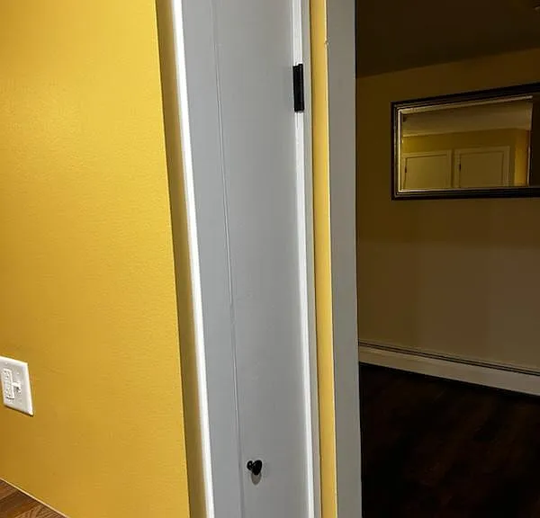 This white door is a mini pantry In kitchen just to the right of the stove.