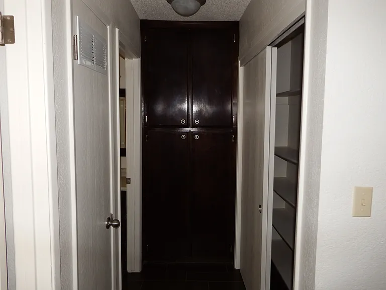 Hallway to bathroom with linen closet and coat closet with additional shelving
