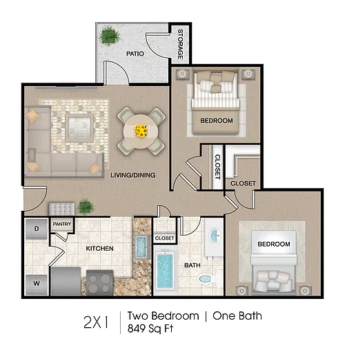 Floor plan 2 Bedroom, 1 Bath