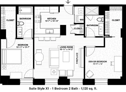 Floor plan Suite Style X1 - Unique 1 Bedroom 2 Bathroom Suite