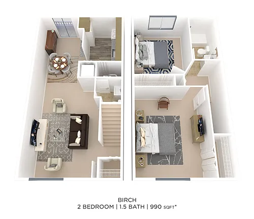 Floor plan Two Bedroom 1.5 Bath Townhome - 990 sqft