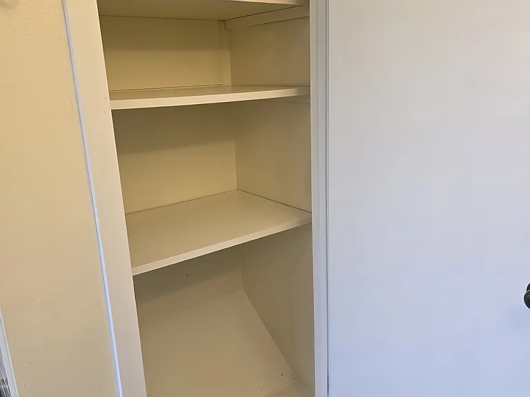 Floor to ceiling deep storage shelves in main bath linen closet.