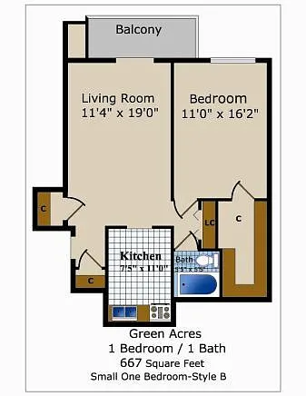 Floor plan Junior One Bedroom One Bath B