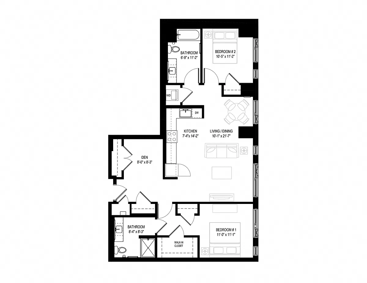 Floor plan 2 Bed/2 Bath Den-2.2F