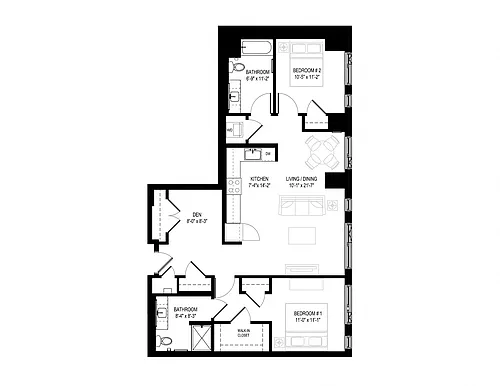 Floor plan 2 Bed/2 Bath Den-2.2F