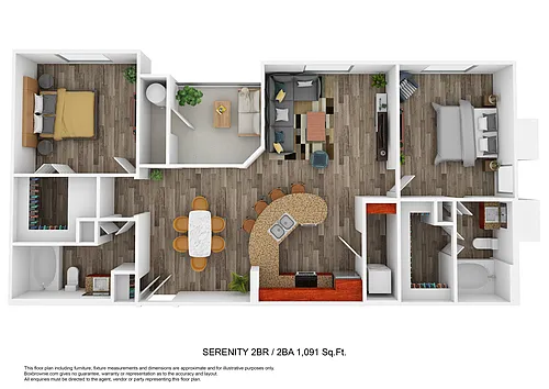 Floor plan Serenity - Two Bedroom/Two Bath 1,091 Sq Ft