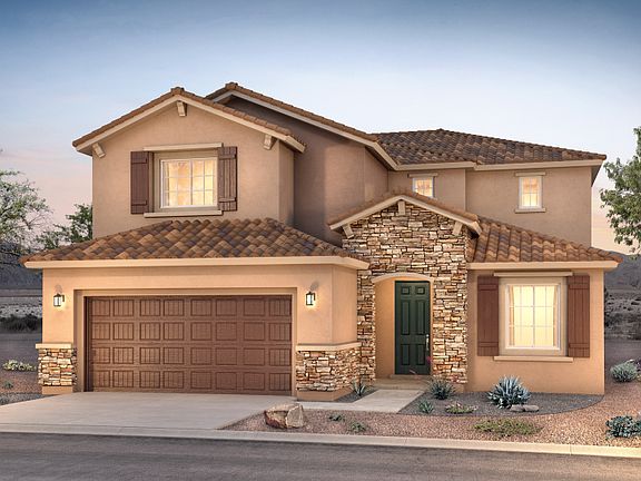 Two story Yucca home design with elegant stone accents and window shutters.