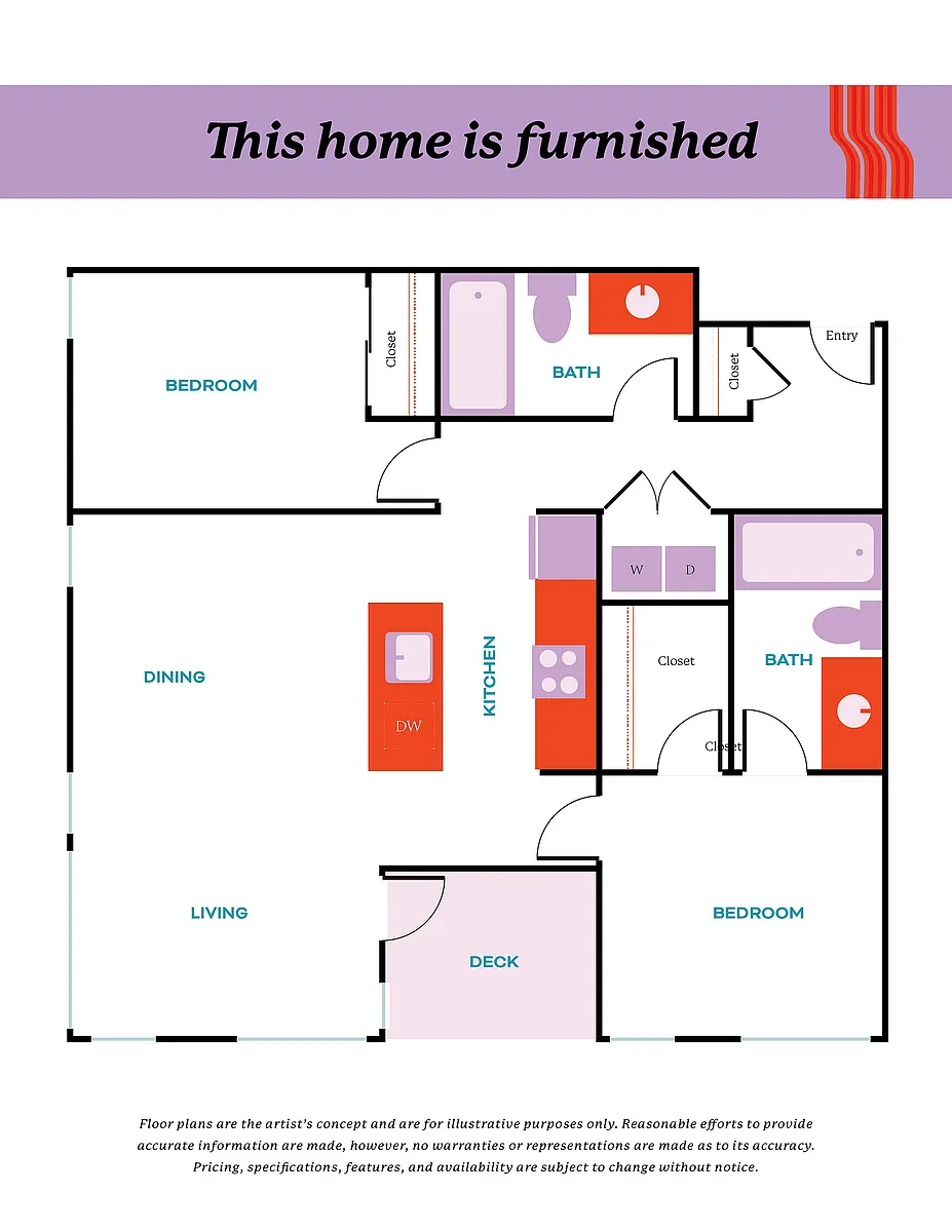 Floor plan 2 Bed, 2 Bath - Apt B (Furnished)