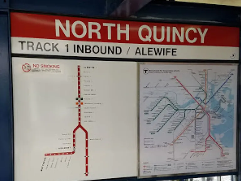 North Quincy Red Line Station (10-minute walk). Trains run into downtown Boston and Cambridge all day.