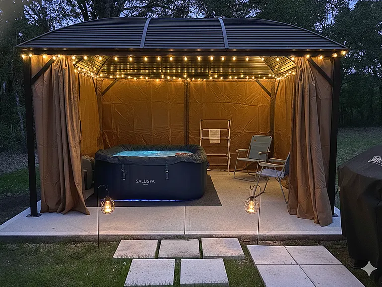 A Screened and closeable Gazebo with Inflatable Hot Tub and seating for friendly soaking conversations.